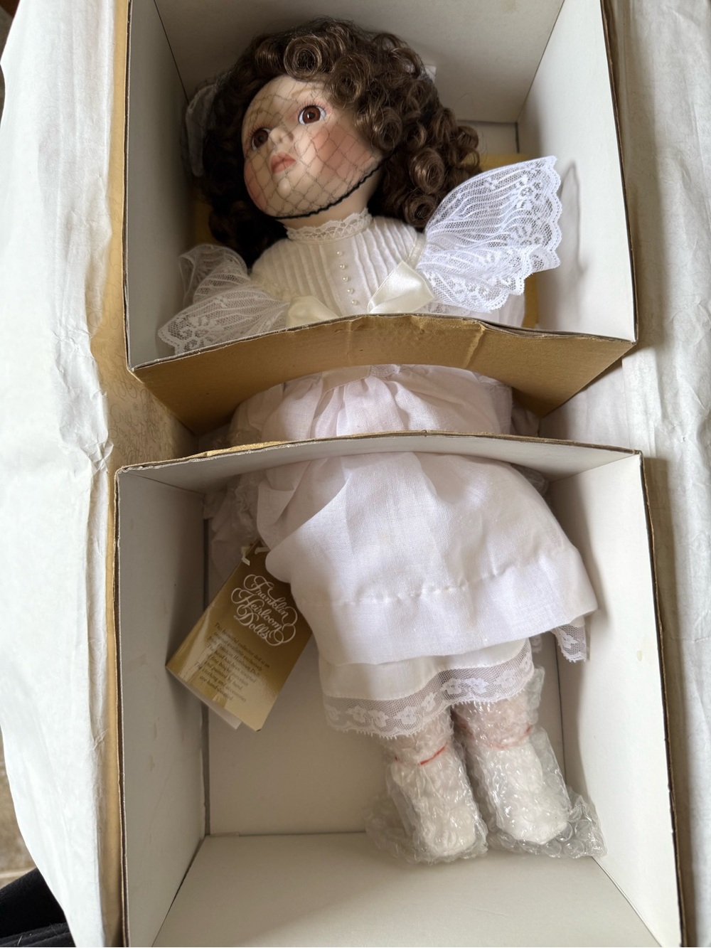 Porcelain Collectible Doll in White Lace Dress